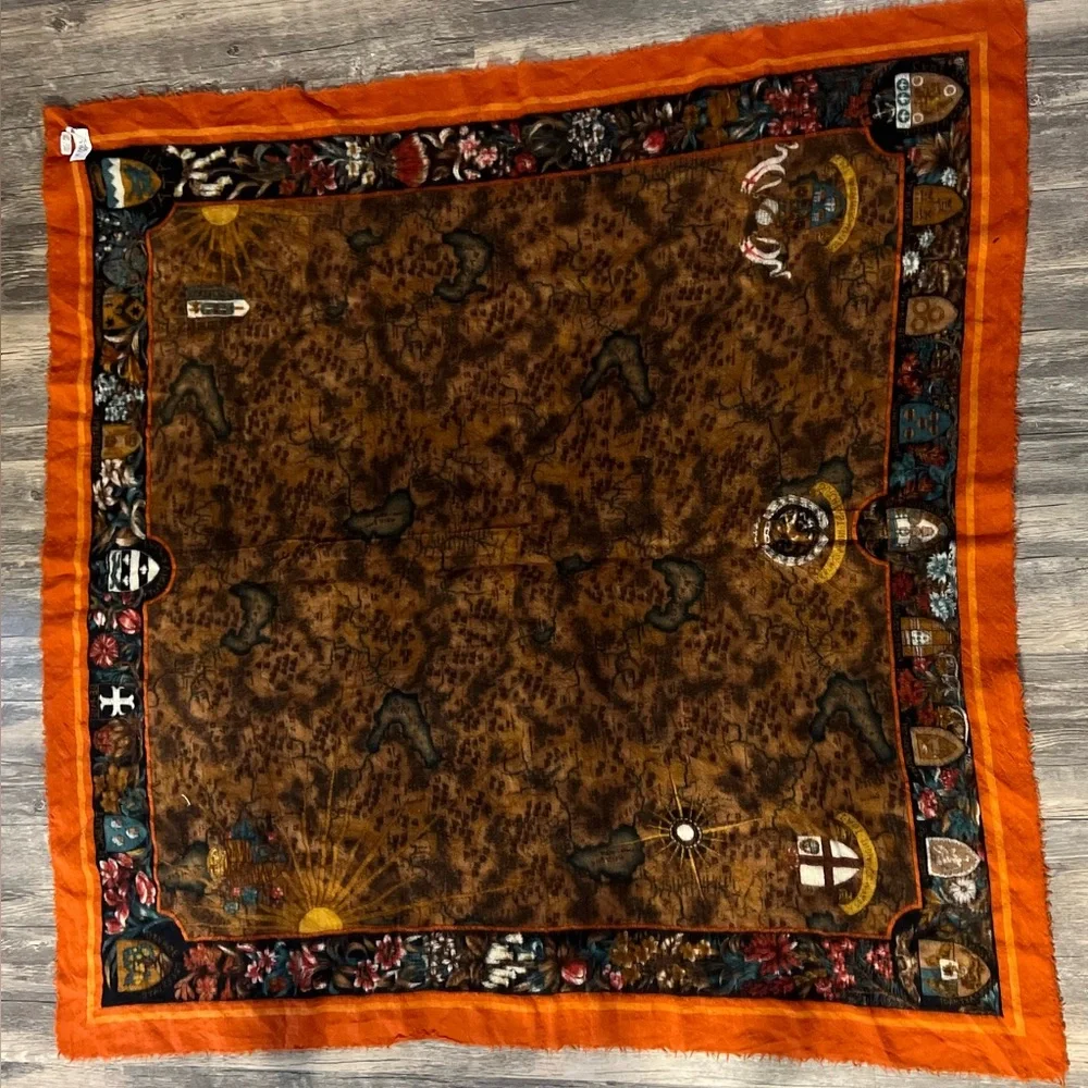 Linda Allard For Ellen Tracy Wool Scarf Rust/Brown/Orange Map Like Design 47x47